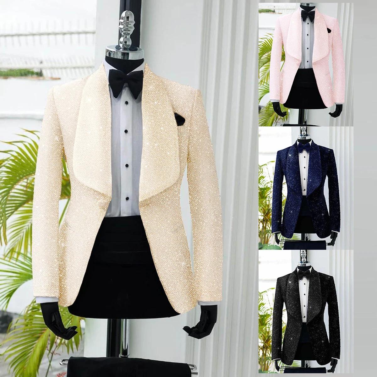 Costume Homme 2 Pièces en Velours, Blazer et Pantalon Noir, Un Bouton, Revers Large, Tenue de Travai