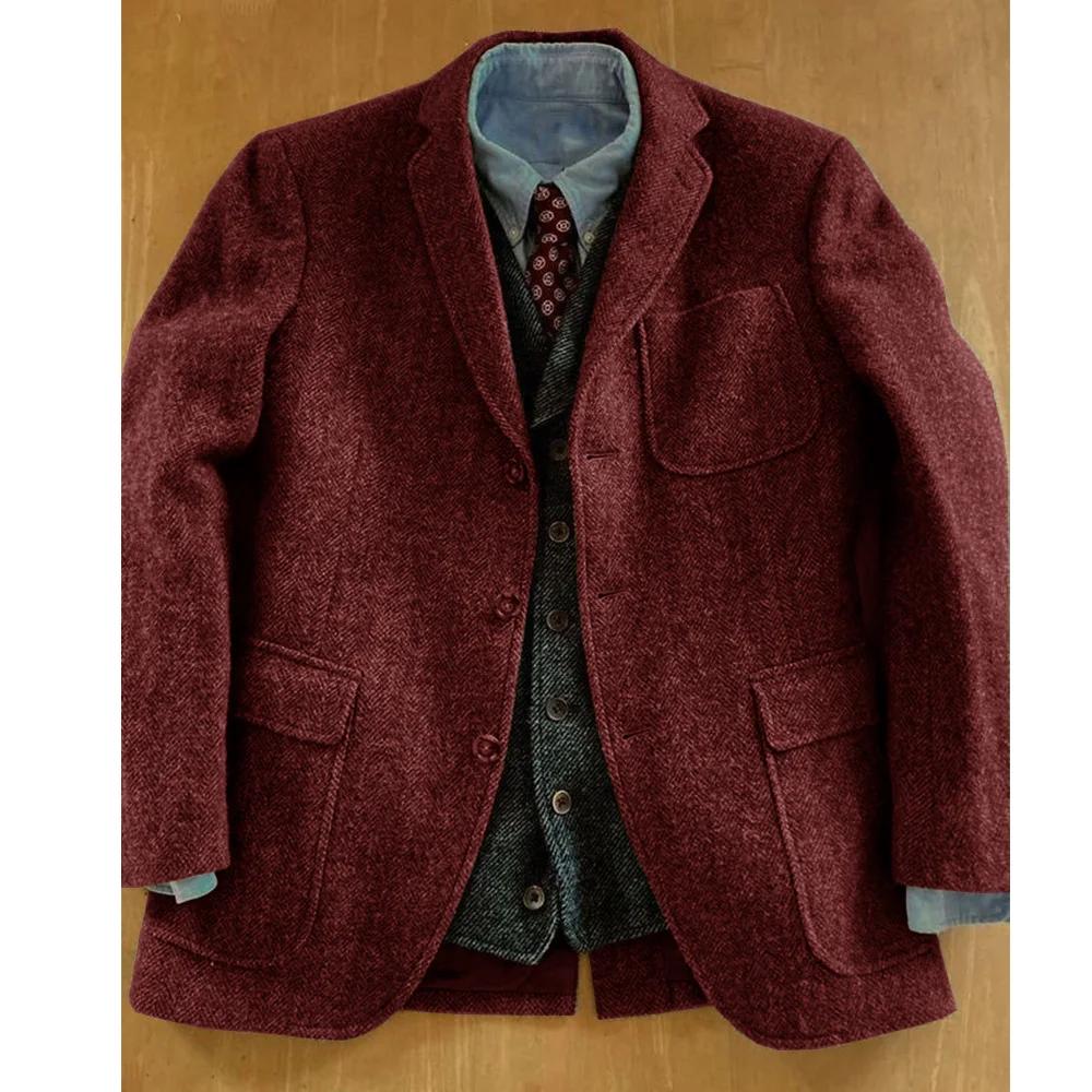 Blazer en tweed à chevrons pour homme, col cranté classique, trois boutons, veste sport vintage en m