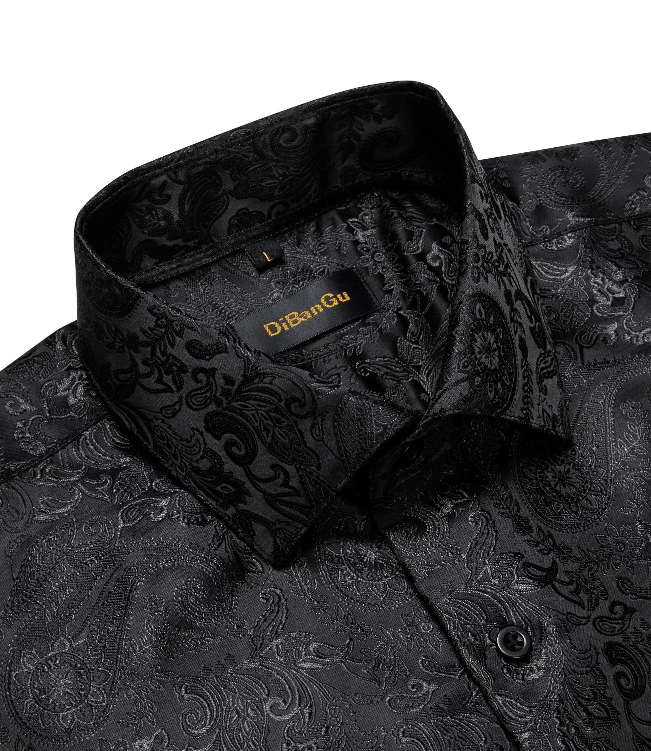 Chemises habillées en soie Paisley noire à manches longues pour hommes, chemise sociale de smoking d