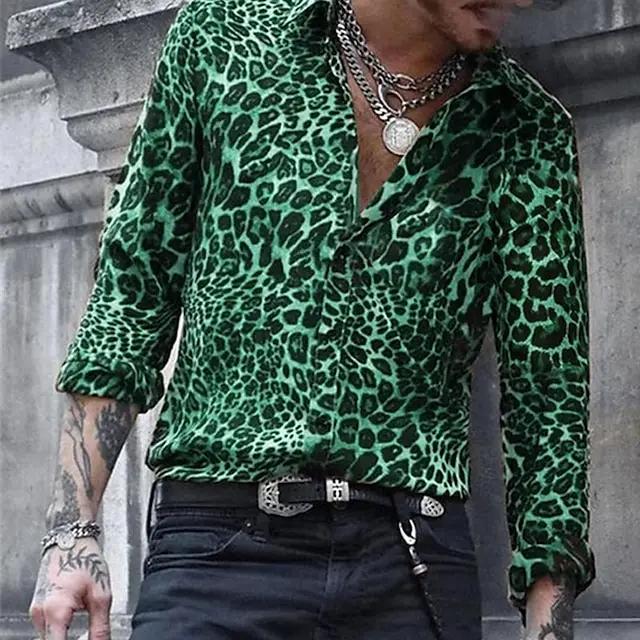 Chemise à manches longues pour hommes, motif imprimé léopard, bouton à revers, imprimé en 3D, décont