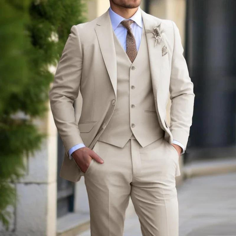 Costume Beige pour hommes, Tuxedos d'affaires, ensemble formel 3 pièces, veste, gilet, pantalon, sim