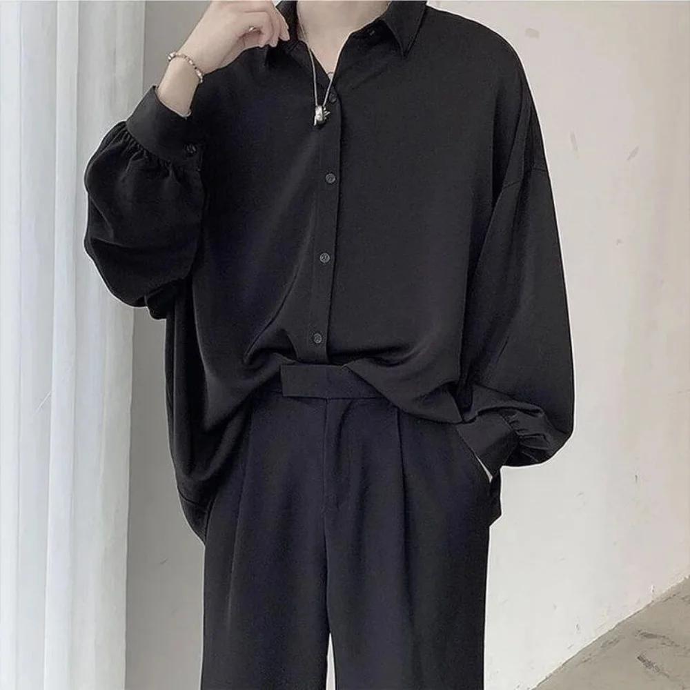 Chemises à manches longues avec cravate noire gratuite pour hommes, chemisiers coréens confortables,