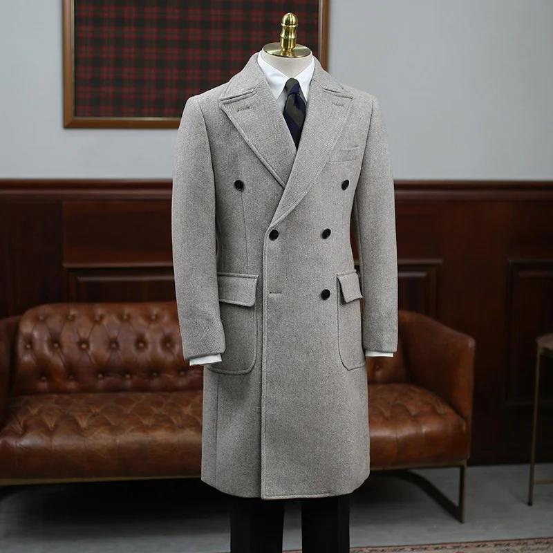 Manteau long épais en mélange de laine pour homme, style italien à chevrons, idéal pour mariage, soi