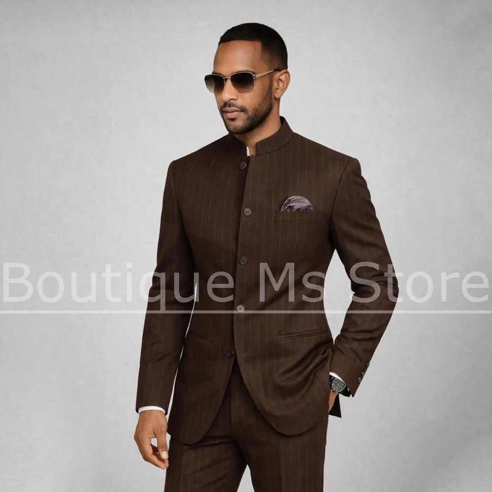 Costume rayé pour homme, ensemble 2 pièces, blazer à col mandarin avec pantalon, tenue formelle pour