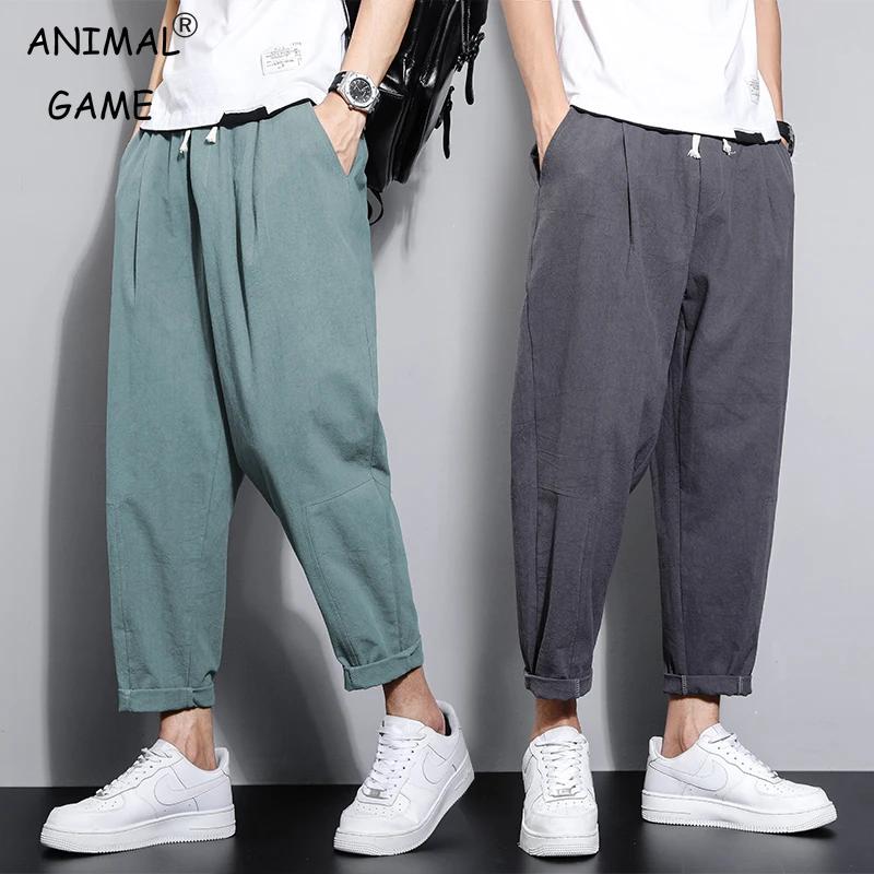 Streetwear hommes coton pantalon décontracté couleur unie pantalons longs respirant cordon pantalon 