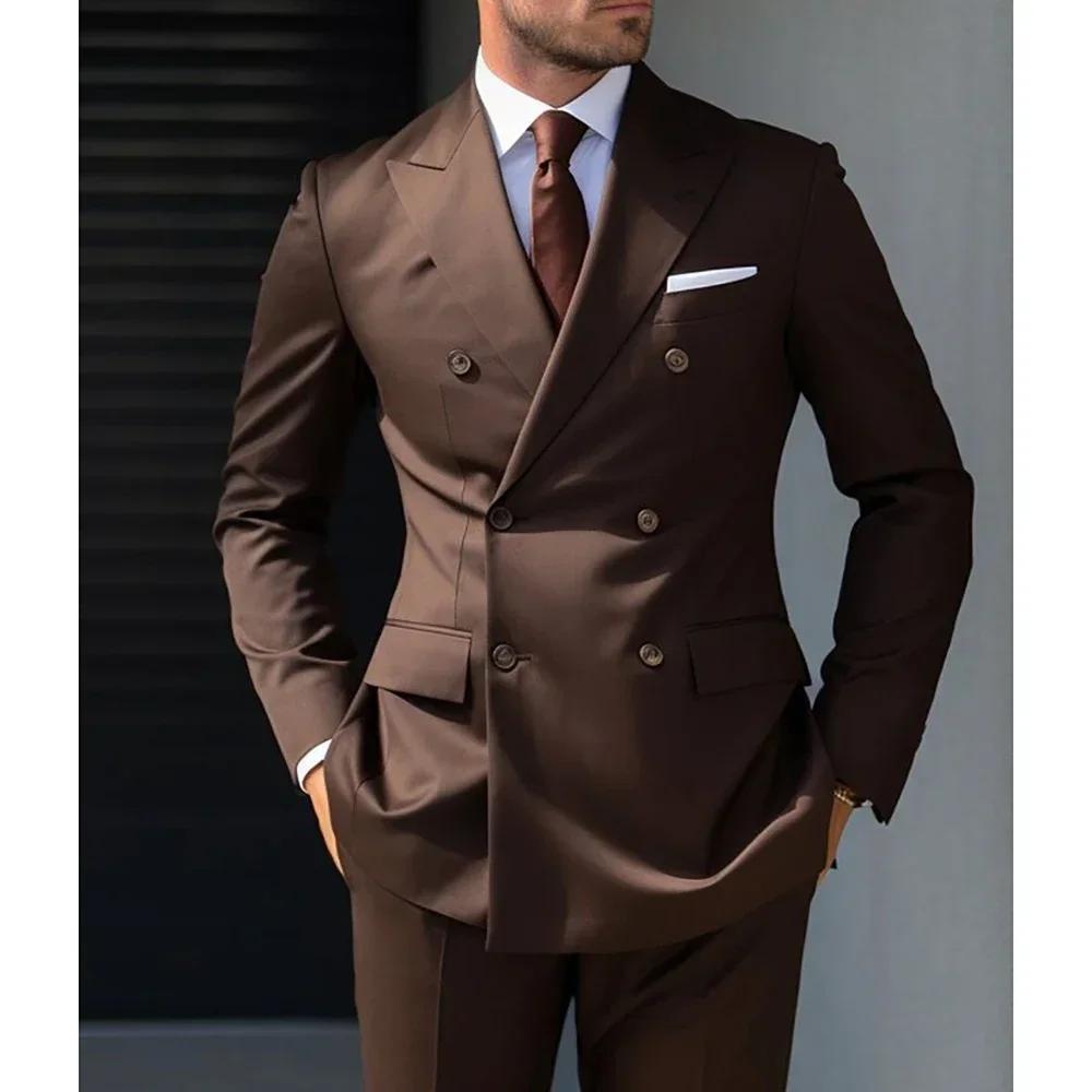 Costumes marron à double boutonnage pour hommes, revers Patricia, tenues de fête formelles, affaires