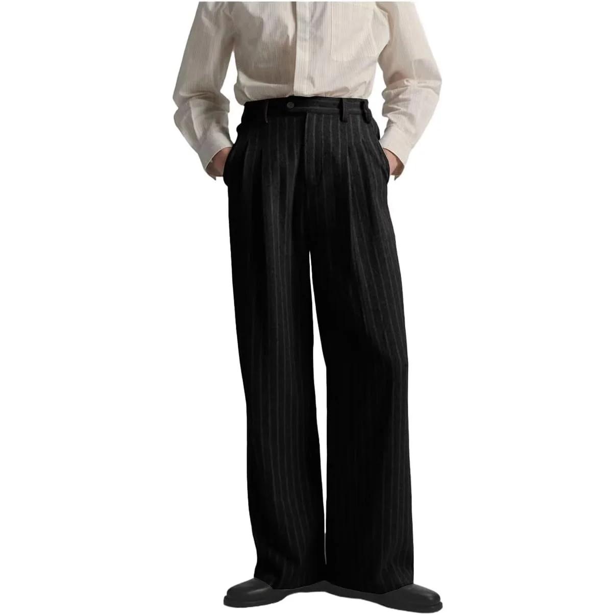 Pantalon de Costume Rayé pour Homme en Laine Luxe Coupe Classique Décontracté Affaires Quotidien Voy