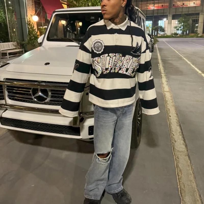 Y2K rétro à manches longues Polo rayure Sume broderie motif chemise hommes tendance Sport Hip Hop dé