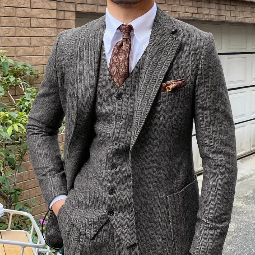 Costume de mariage en Tweed à chevrons pour hommes, 3 pièces, Blazer, gilet, pantalon, smoking, gris