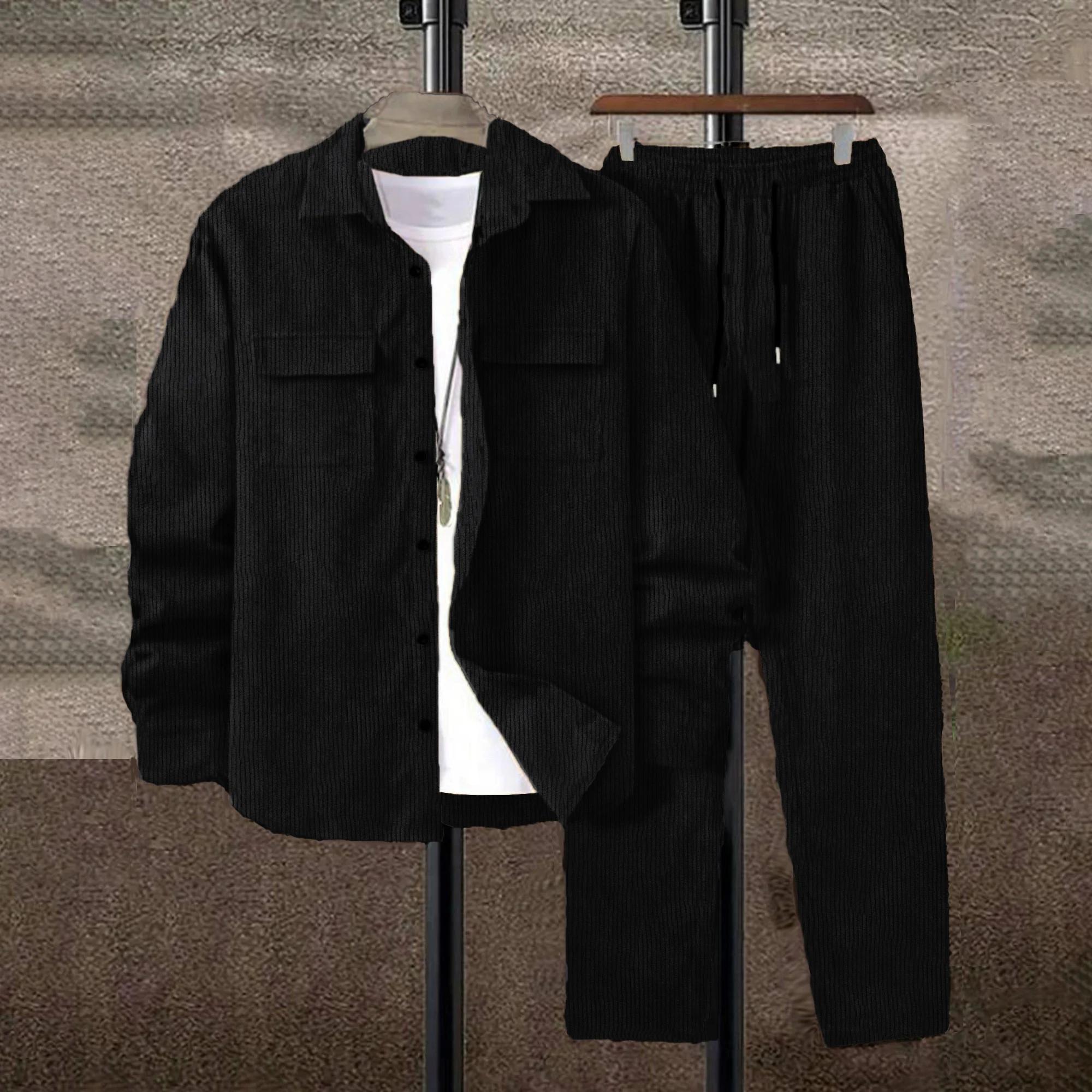 Costume en velours côtelé monochrome pour homme, chemise à manches longues, pantalon décontracté