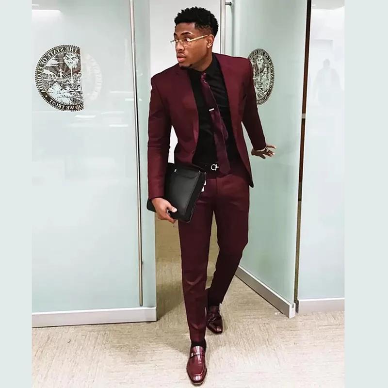 Costumes 2 pièces bordeaux pour hommes, coupe cintrée, sur mesure, formel, business, grande taille, 