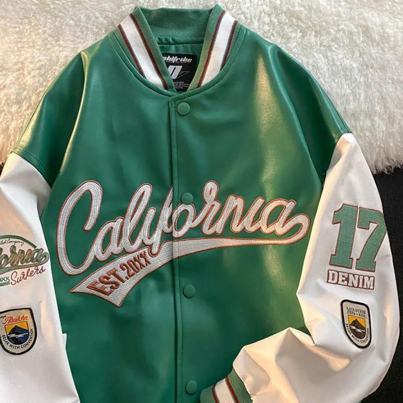 Vestes rétro américaines brodées lettre manteaux hommes moto bombe street en cuir baseball uniforme couple casual veste ample