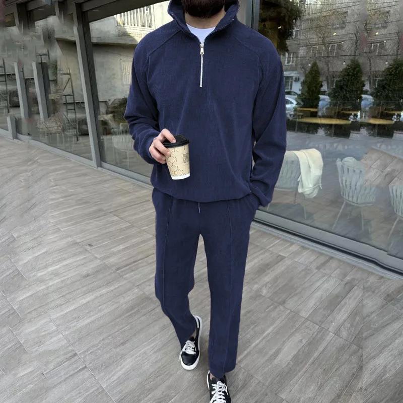 Nouveau costume décontracté pour homme en velours côtelé tendance avec col montant et demi-fermeture éclair