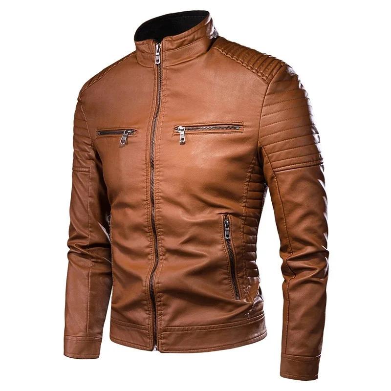 Veste en cuir pour hommes à la mode coupe ajustée col montant