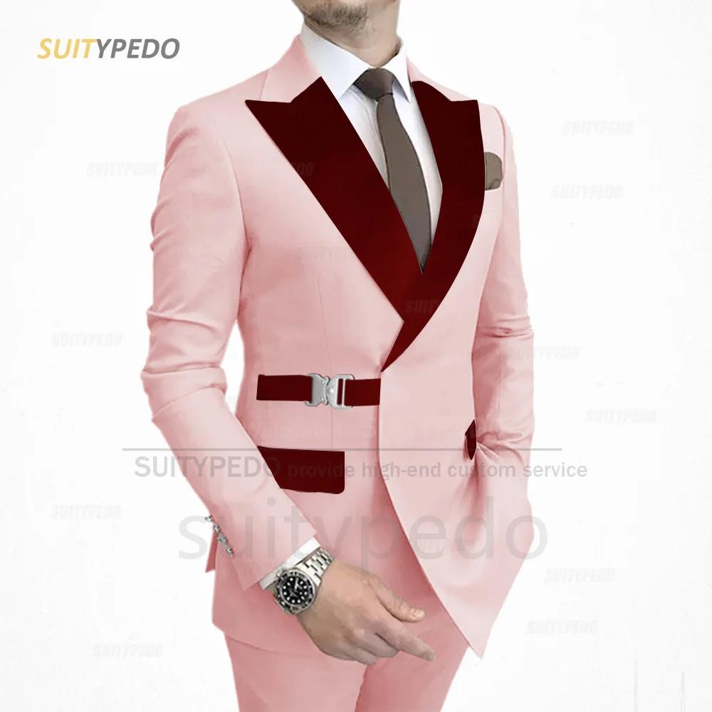 Ensemble Veste à Revers en Velours Bordeaux pour Homme