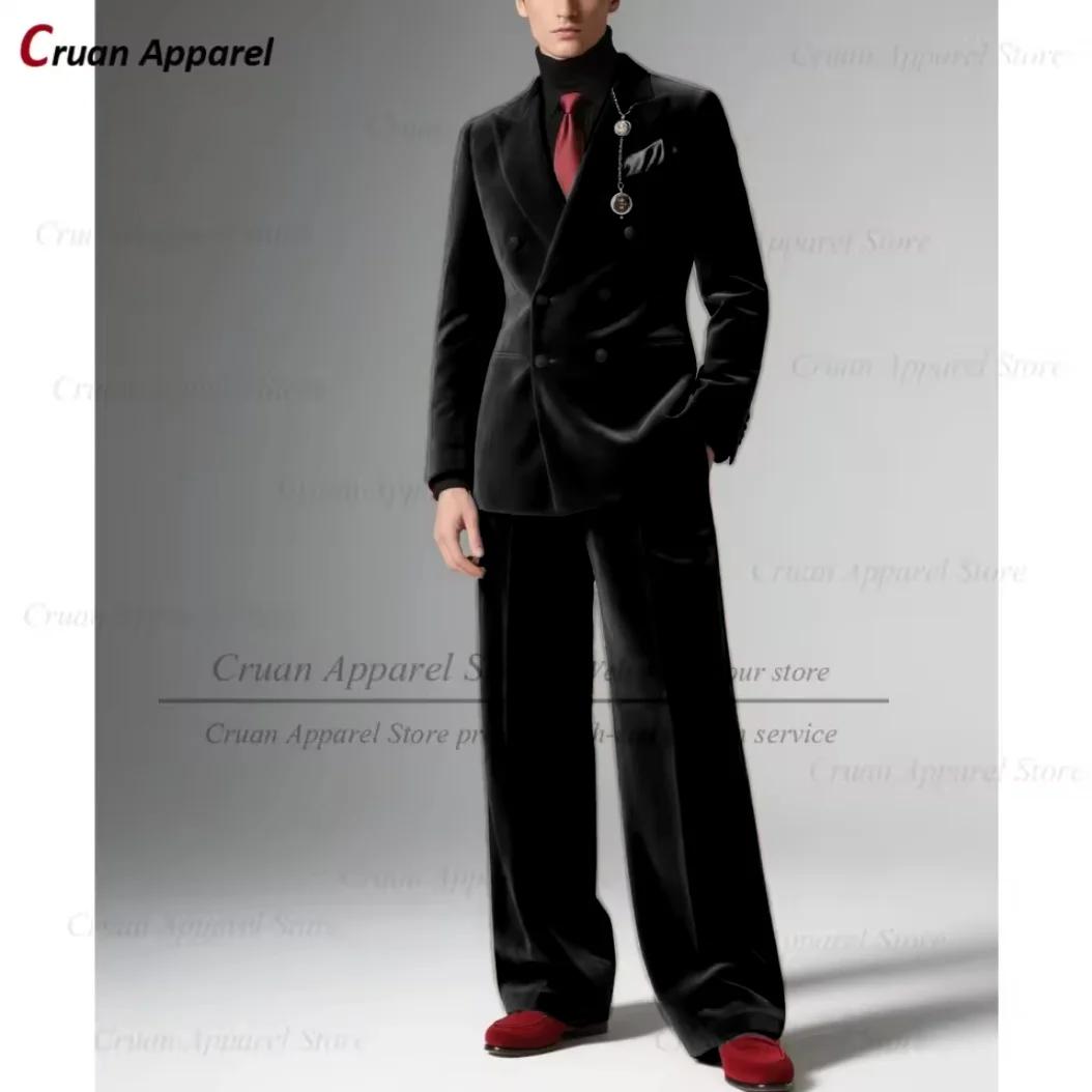 Mode hommes bordeaux velours costume ensembles Banquet de mariage personnalisé Groomsman élégant coupe ajustée Double boutonnage Blazer pantalon 2 pièces