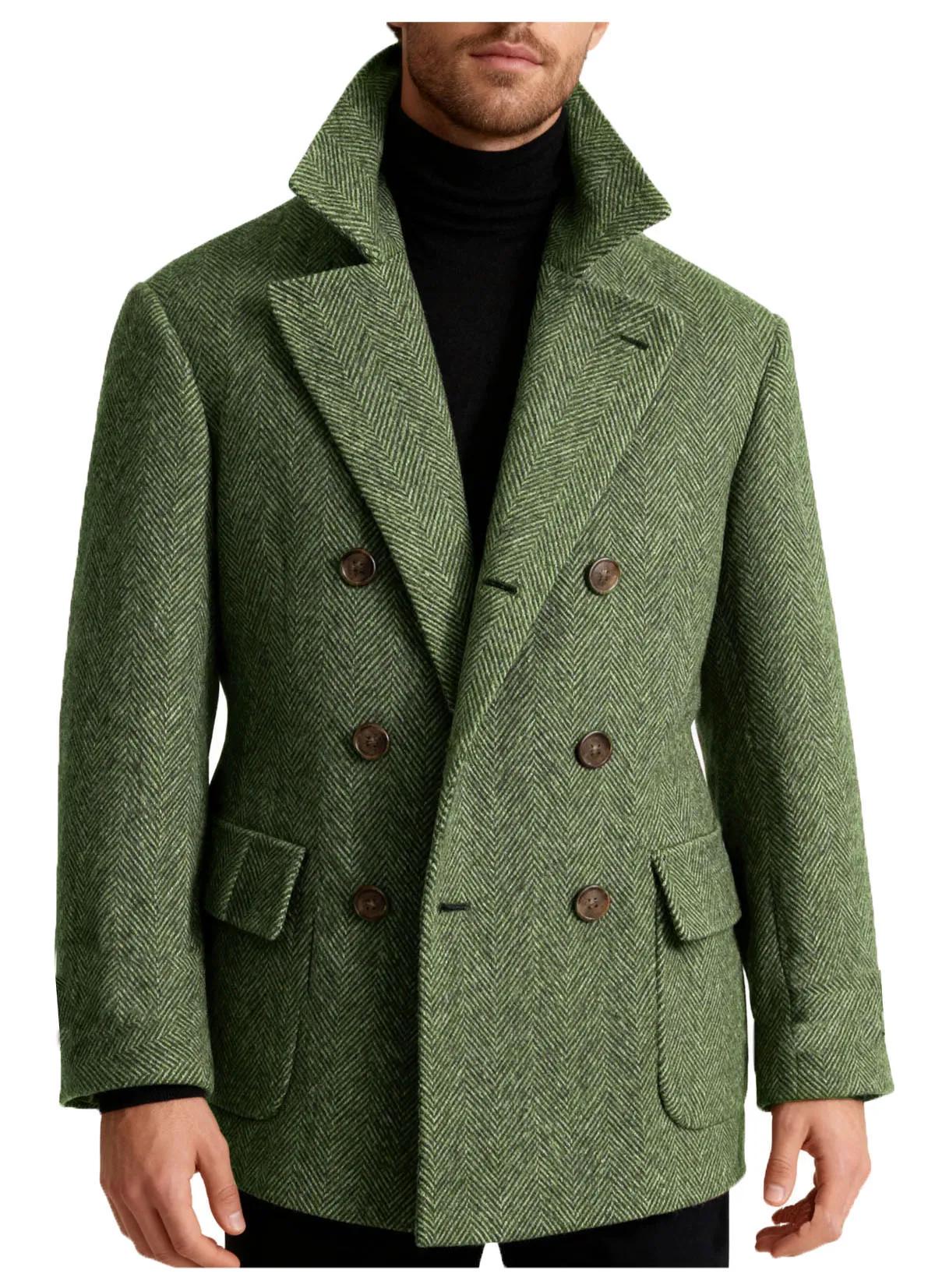 Automne homme costume manteau Double boutonnage laine chevrons Blazer à la mode décontracté affaires veste courte