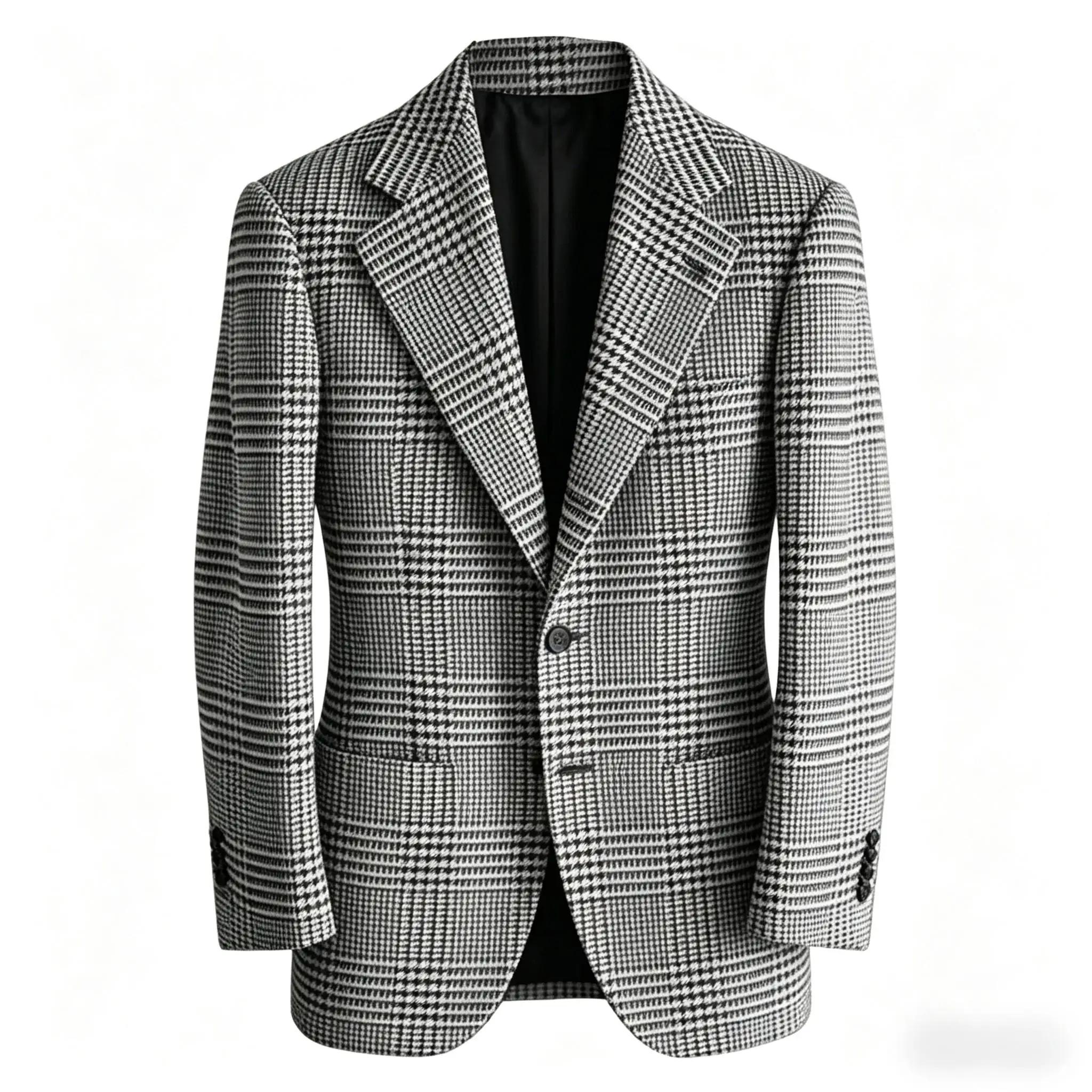 Blazer Homme Slim Fit en Mélange de Laine à Carreaux Pied-de-Poule