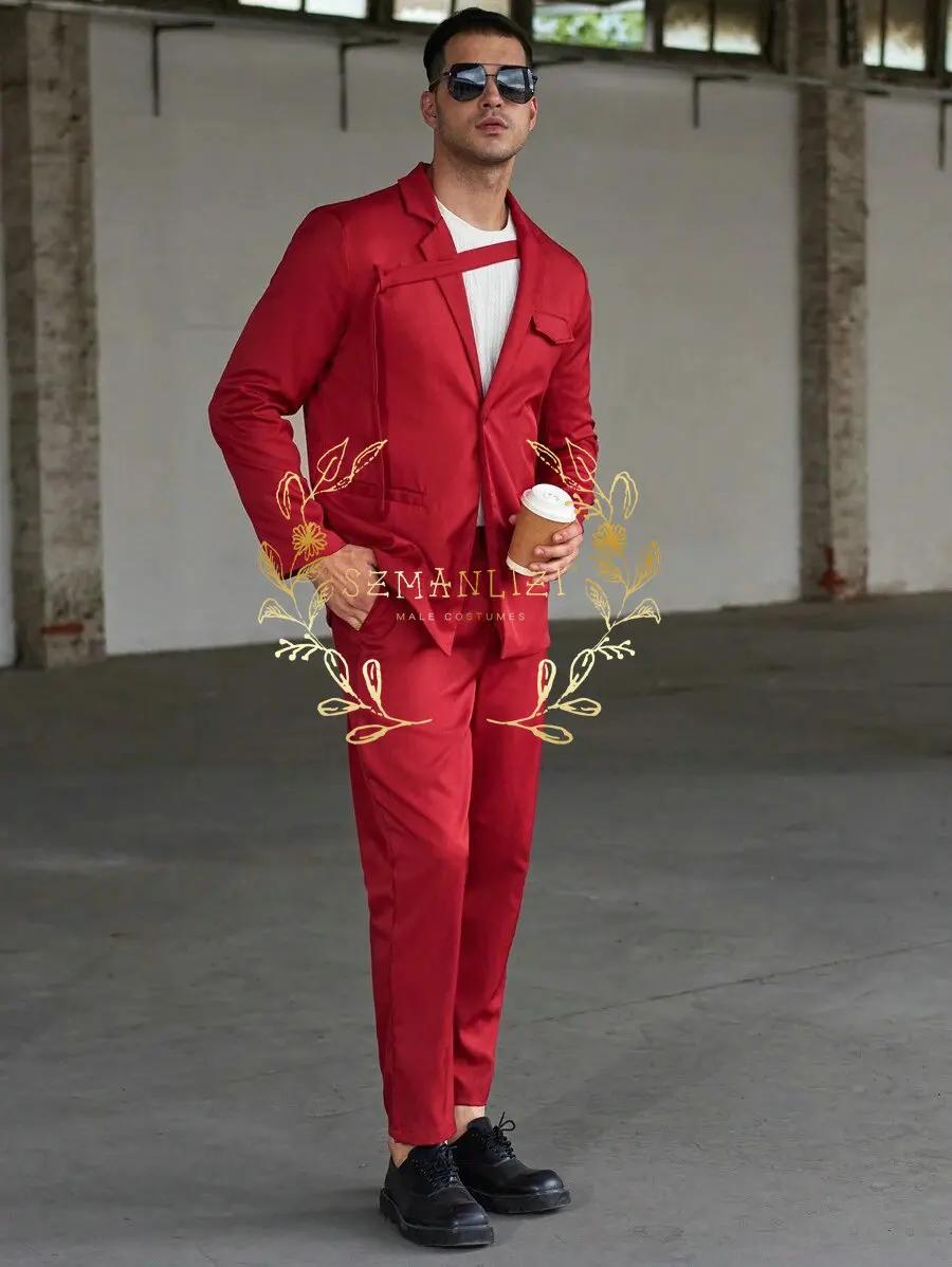 Smoking Rouge Formel avec Blazer à Revers Crantés, Costume de Soirée pour Hommes Occasions Spéciales