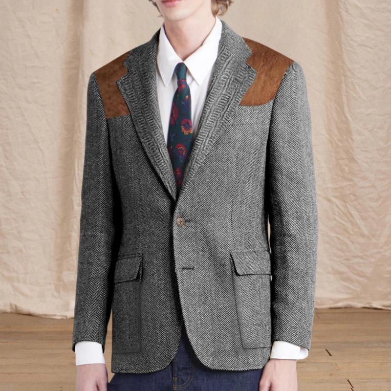 Blazer vintage pour homme en tweed à chevrons avec écusson en daim sur l'épaule