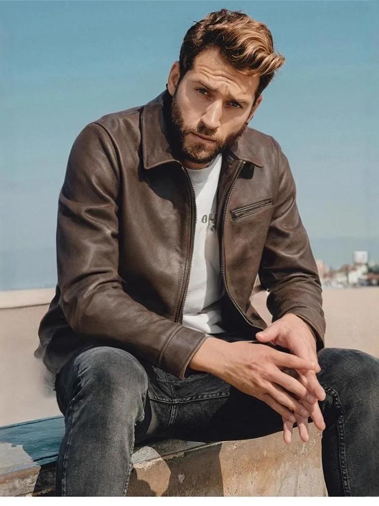 Veste d'automne en cuir véritable pour homme