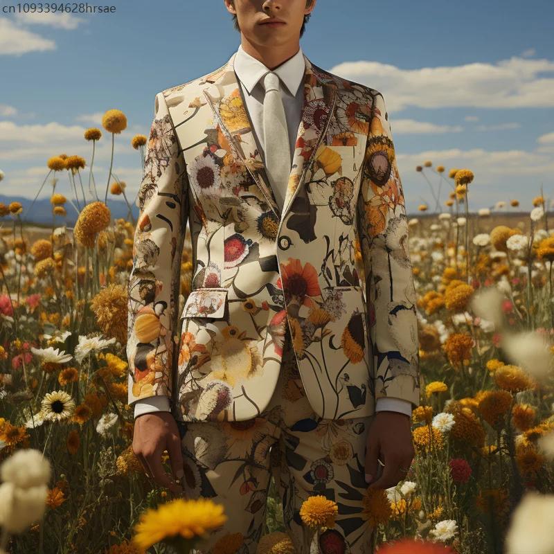 Tournesols imprimés hommes costumes décontractés manteau pantalon coloré Helianthus fête Cosplay scène discothèque Performance costume