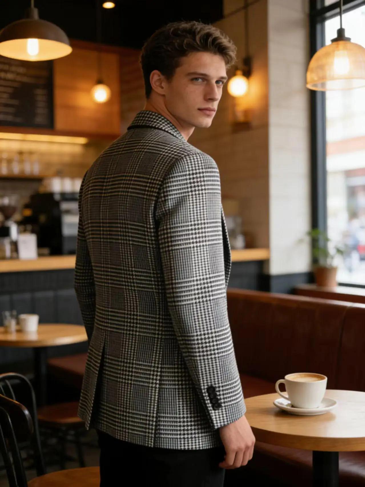 Blazer Homme Slim Fit en Mélange de Laine à Carreaux Pied-de-Poule
