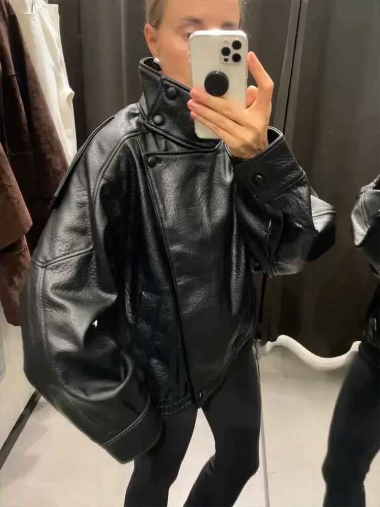 HH automne veste en simili cuir pour femmes décontracté solide fermeture éclair manches longues