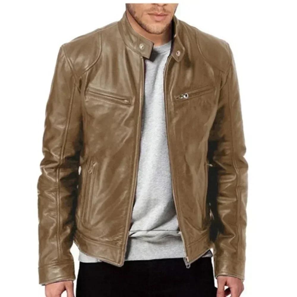 2025 veste de moto en cuir hommes col montant décontracté mince manteau court
