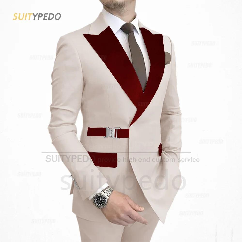 Ensemble Veste à Revers en Velours Bordeaux pour Homme