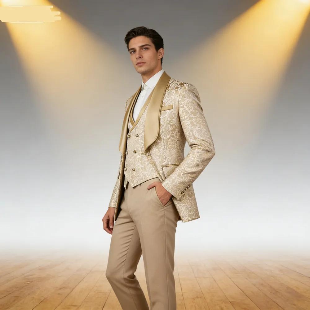 Costume de smoking formel 3 pièces en jacquard champagne pour homme avec blazer à revers châle
