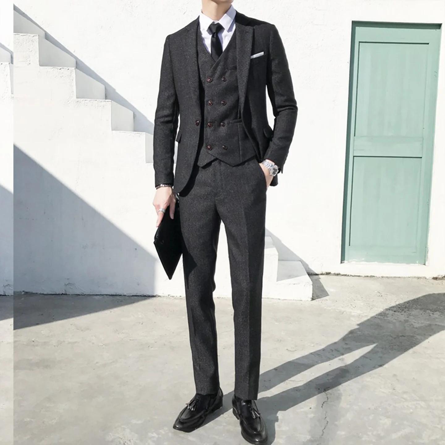 Costume homme costume d'affaires homme mariage marié trois pièces costume mariage rétro Style britannique formel Tweed