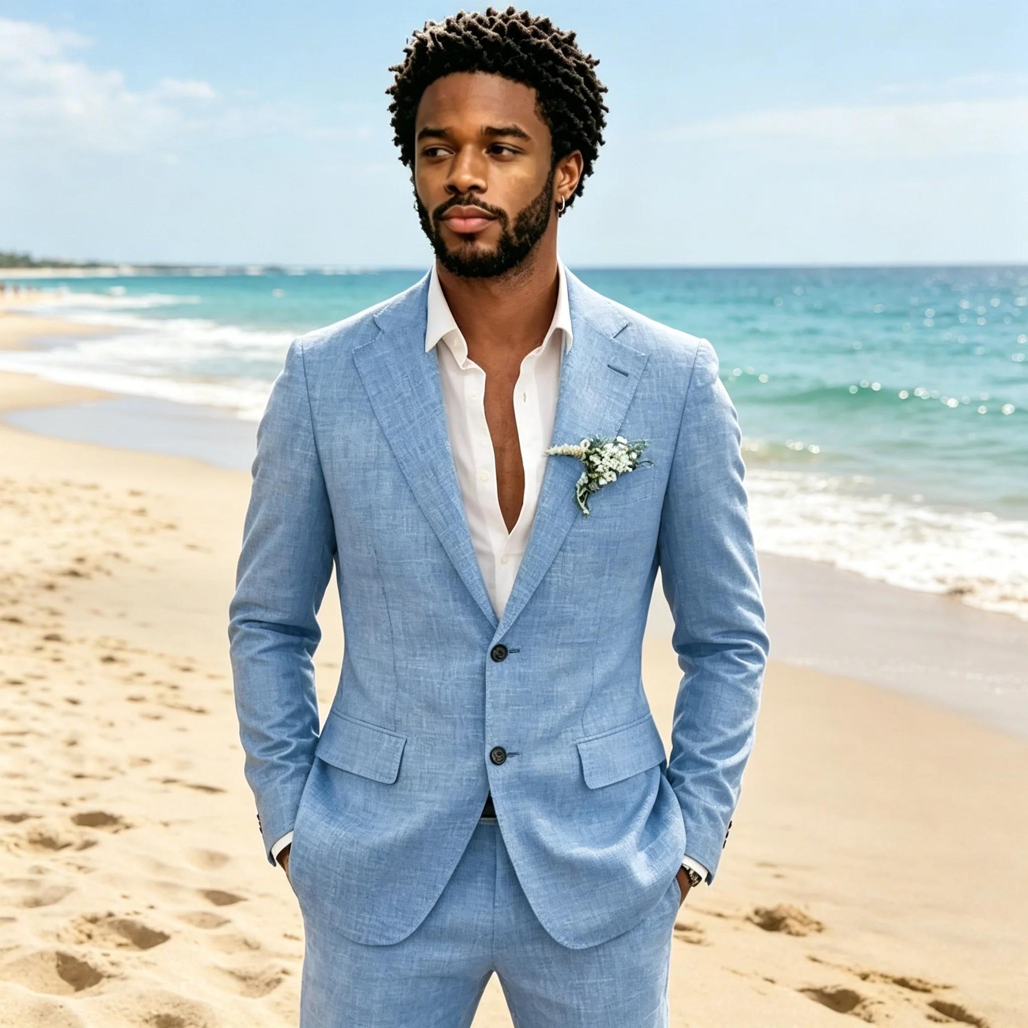 Costume décontracté en lin bleu ciel pour homme