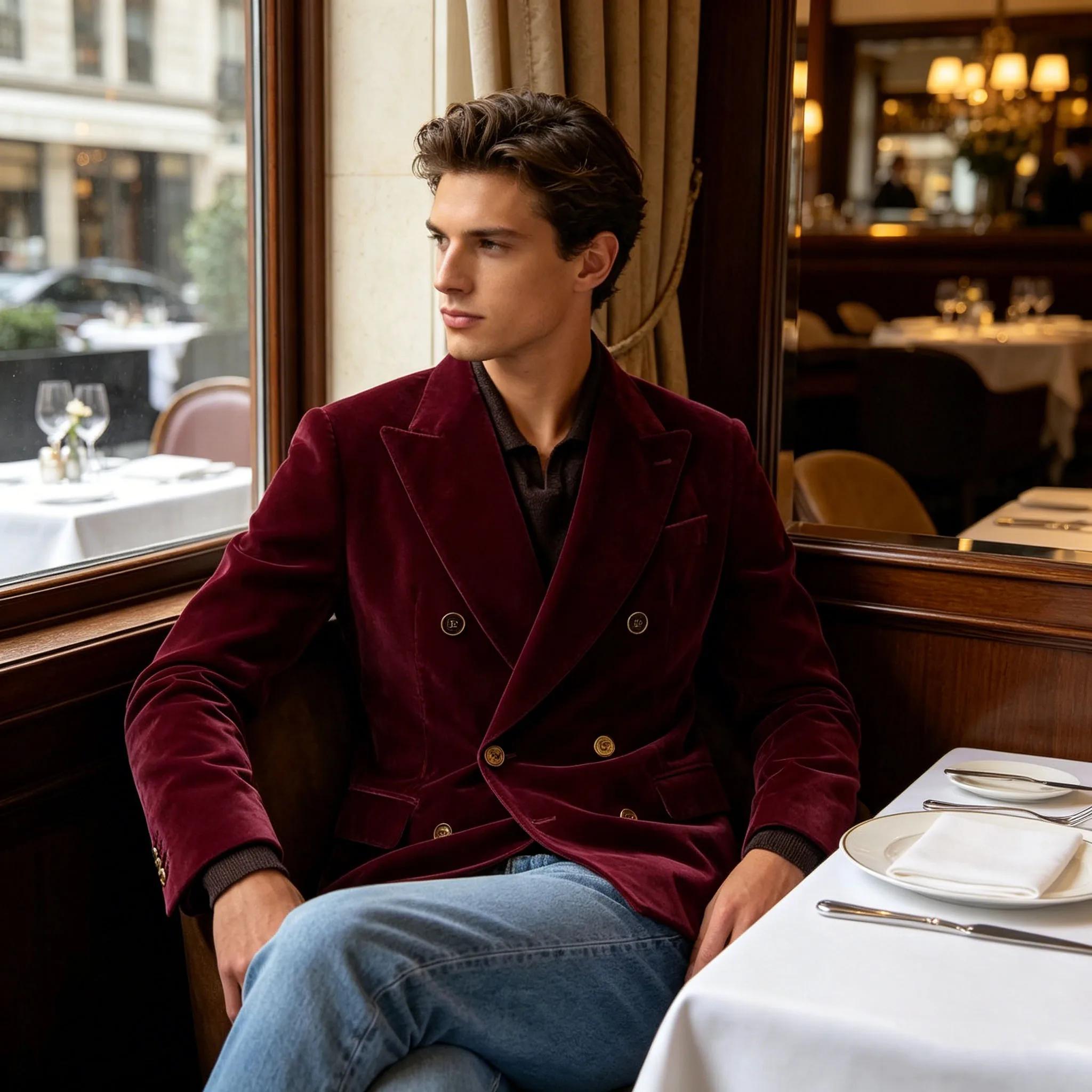 Blazer de costume de luxe pour homme en velours bordeaux