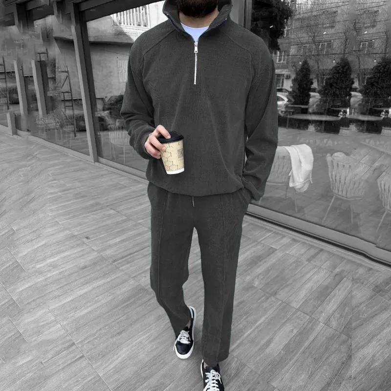 Nouveau costume décontracté pour homme en velours côtelé tendance avec col montant et demi-fermeture éclair