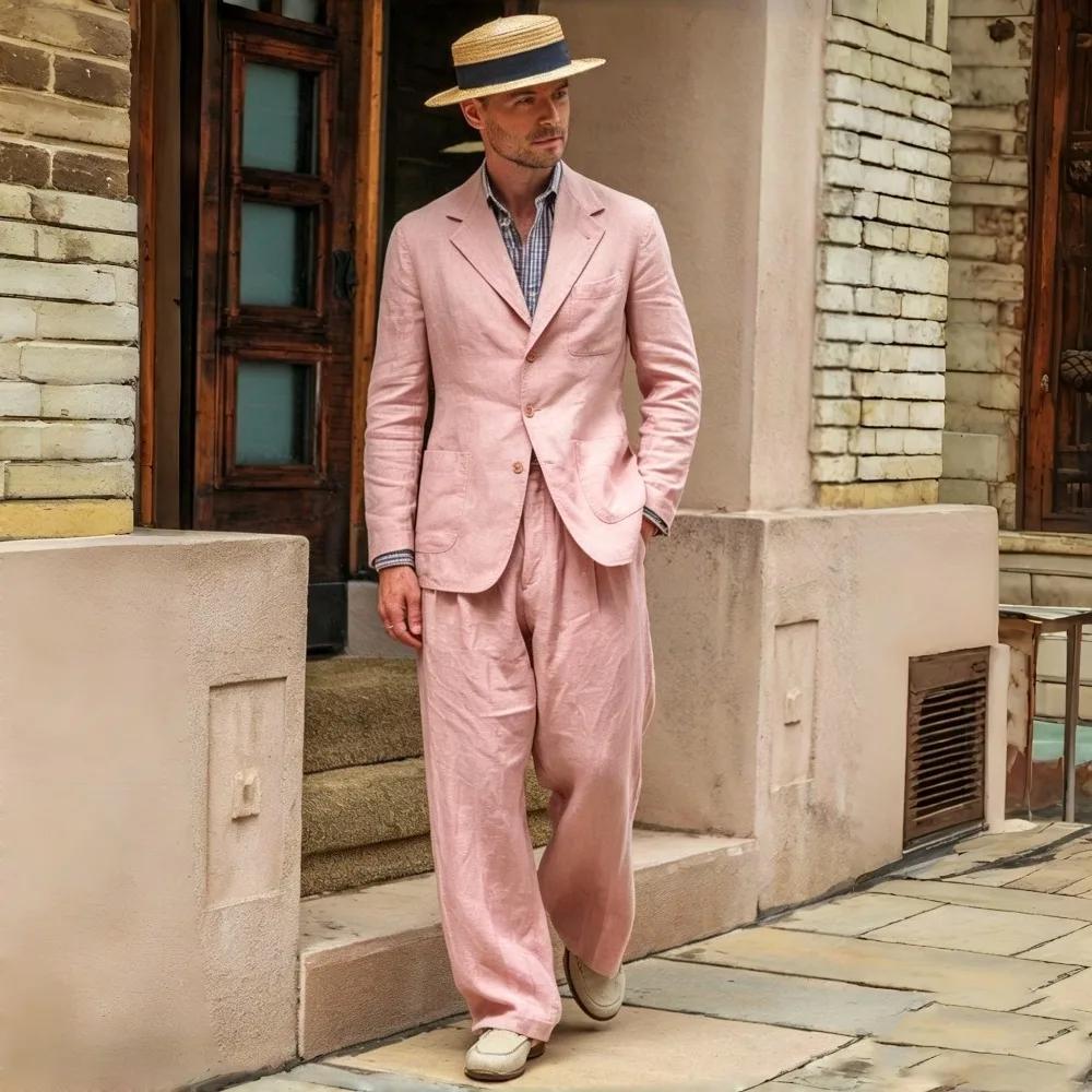 Costume de bal décontracté en lin beige 2 pièces style vintage années 70 pour homme
