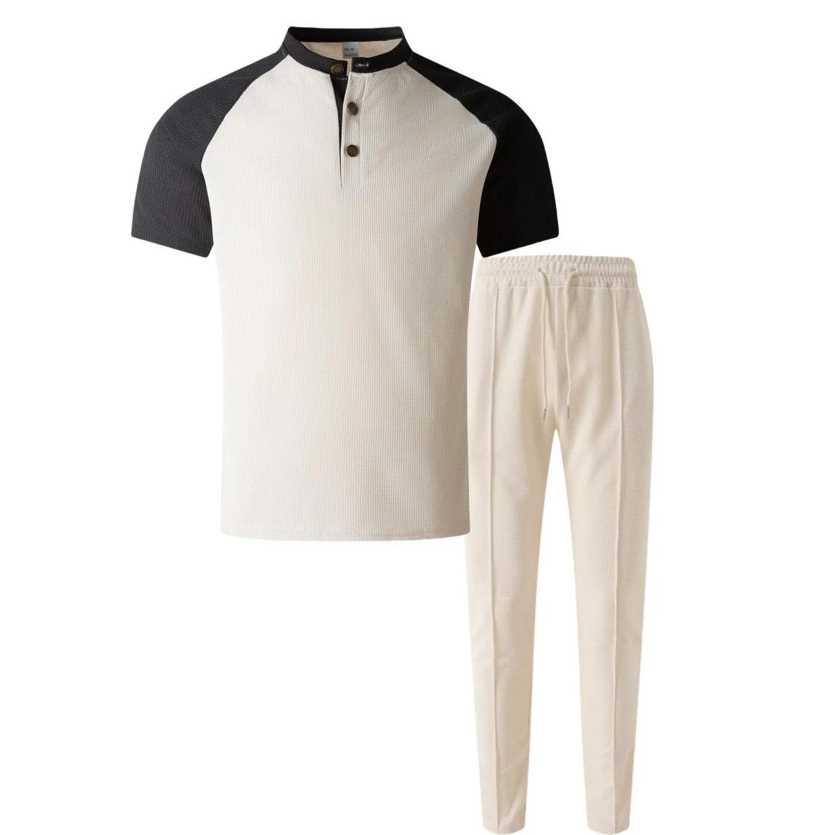 Costume pour hommes Europe et états-unis 2025 été couleur match décontracté col rond manches courtes