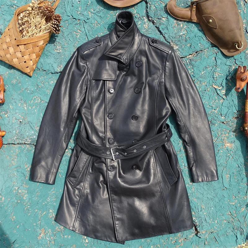 Veste longue en cuir noir pour hommes