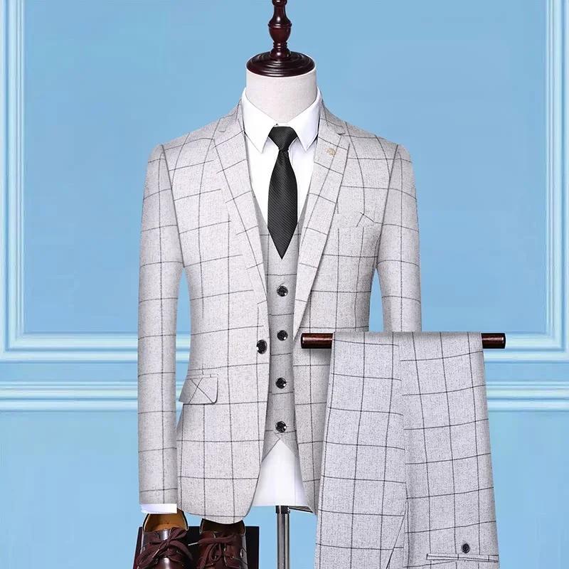 Costume (Blazer + gilet + pantalon) mode affaires décontracté Gentleman hommes Style italien élégant Plaid mince formel