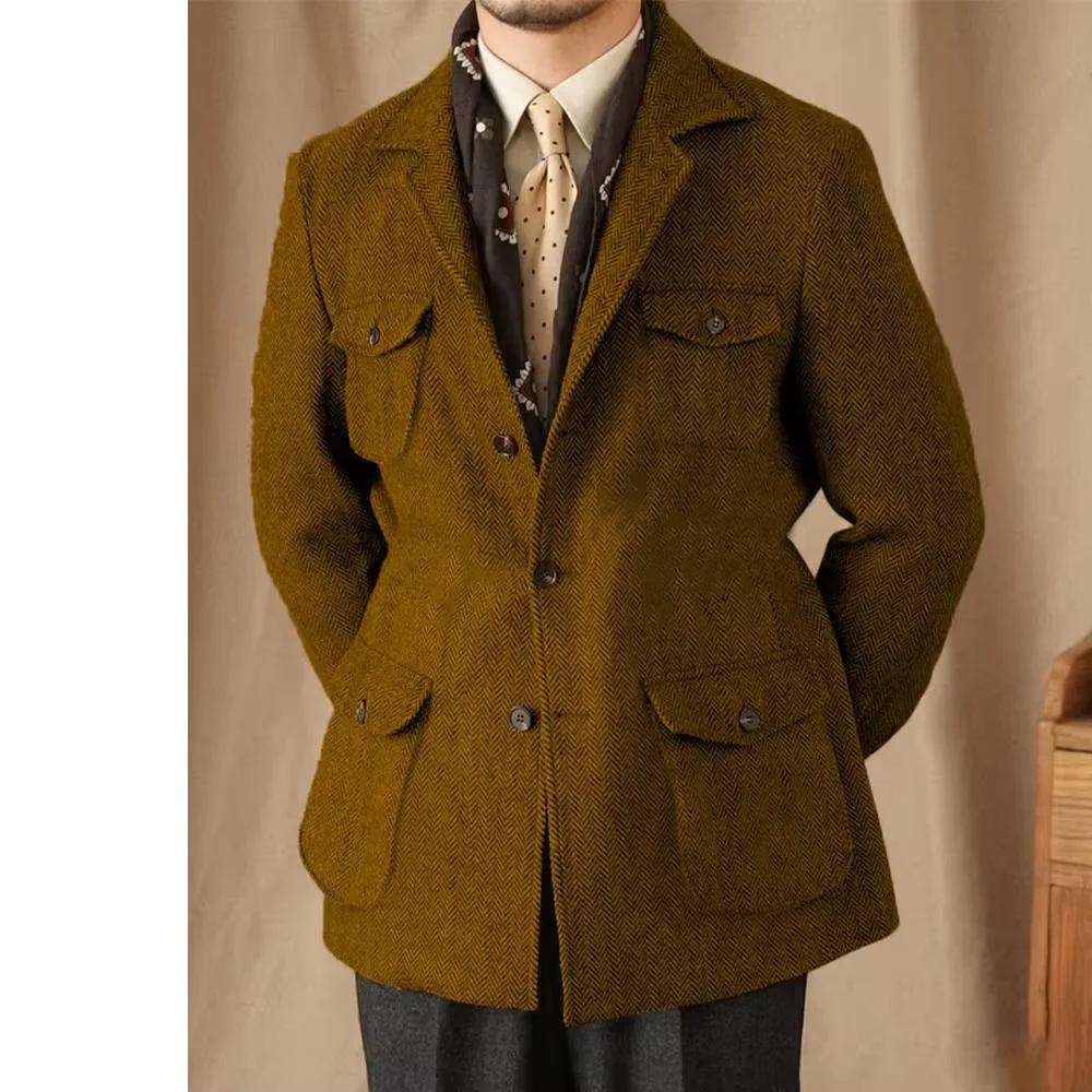 Costumes pour hommes Vintage Blazer en Tweed à chevrons mélange de laine britannique Double boutonnage léger manteau de Sport décontracté veste formelle
