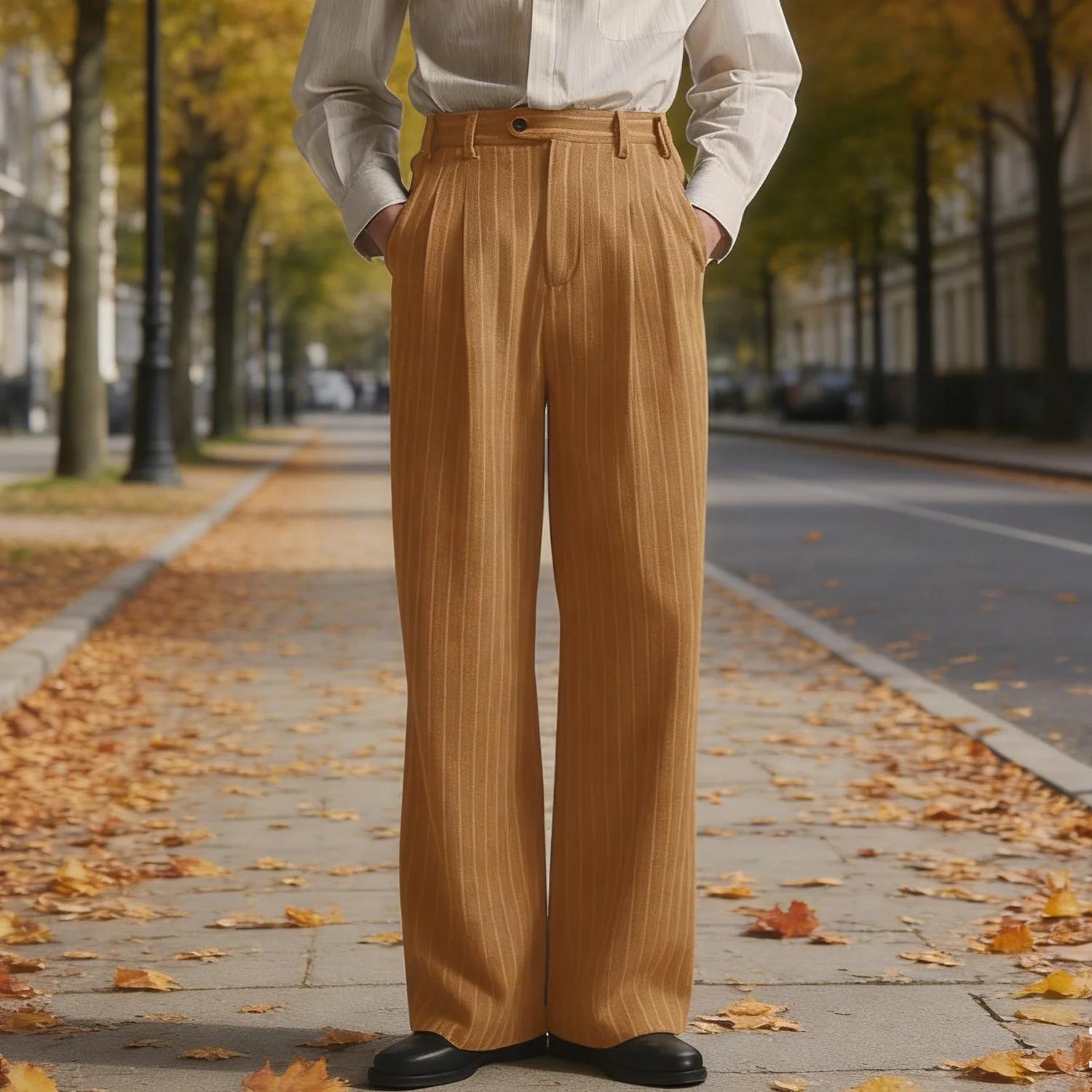 Pantalon de Costume Rayé pour Homme en Laine Luxe Coupe Classique Décontracté Affaires Quotidien Voyage Anti-Plis Élégant Épais Long