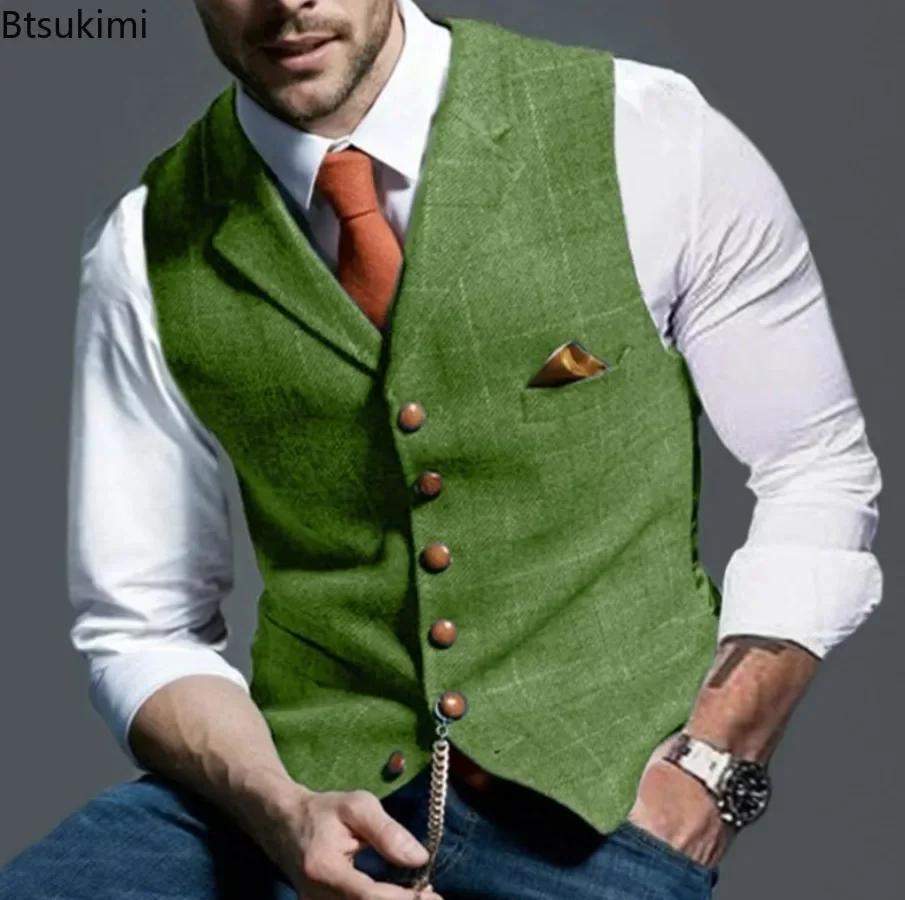 2026 hommes gilets formels revers Tweed Plaid col en v gilet mince
