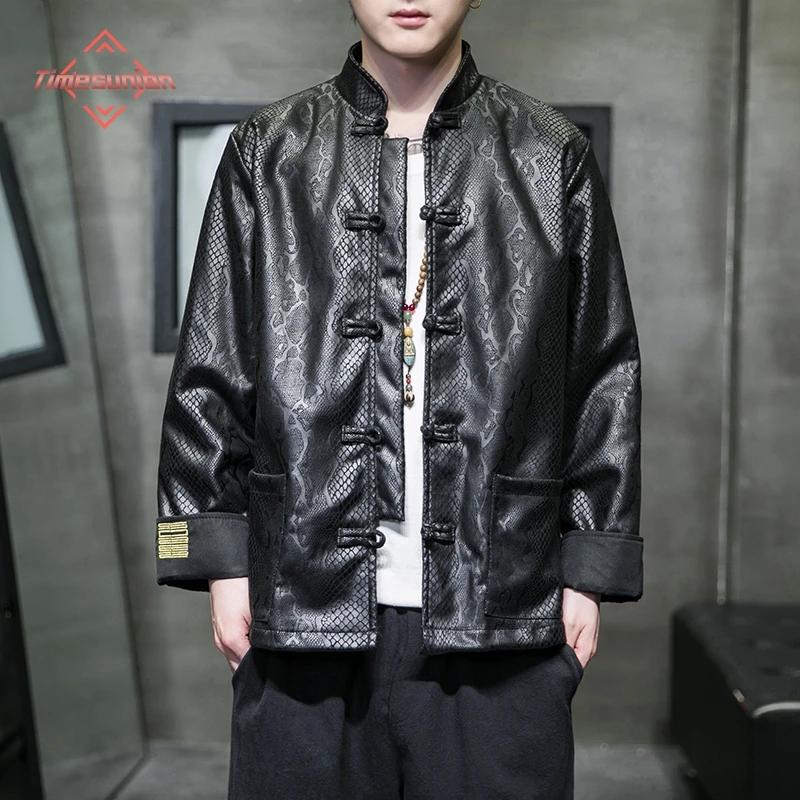 Nouveau Style Chinois Printemps Automne Veste pour Hommes Mode en peau de Serpent Jacquard Daim Velours Hanfu
