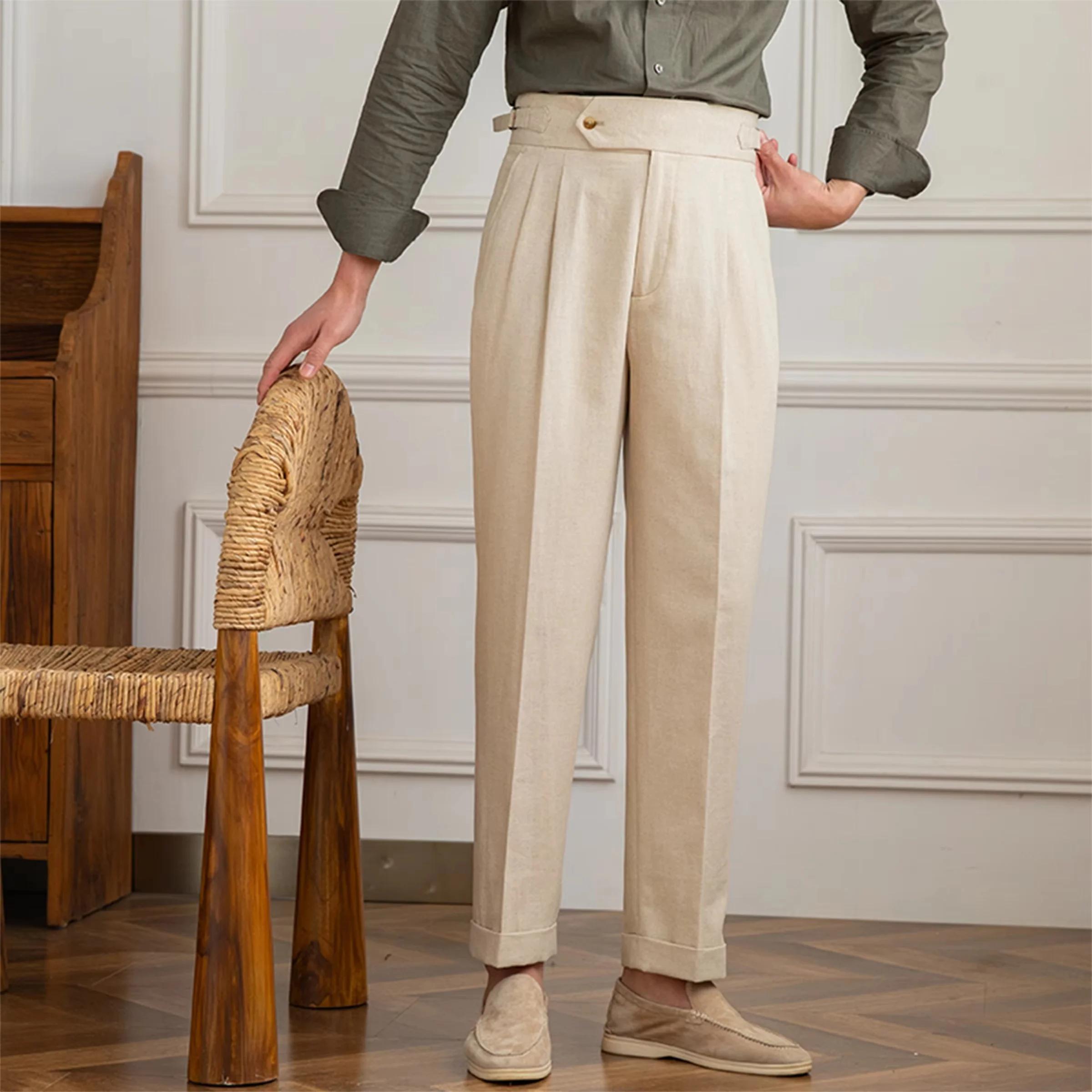 Gentleman été Naples pantalon droit décontracté hommes trajet coton et lin confortable respirant taille haute