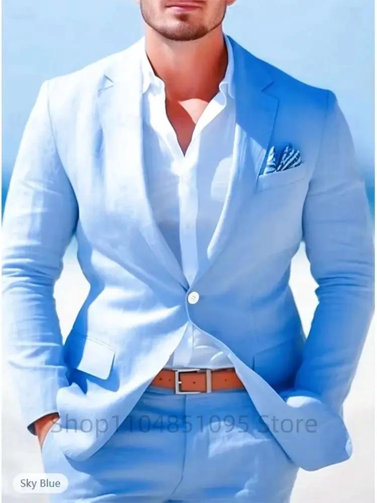 Costumes en lin beige/bleu pour hommes
