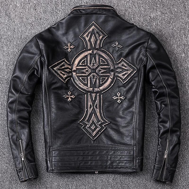 Veste en cuir de vachette véritable noir rétro pour hommes