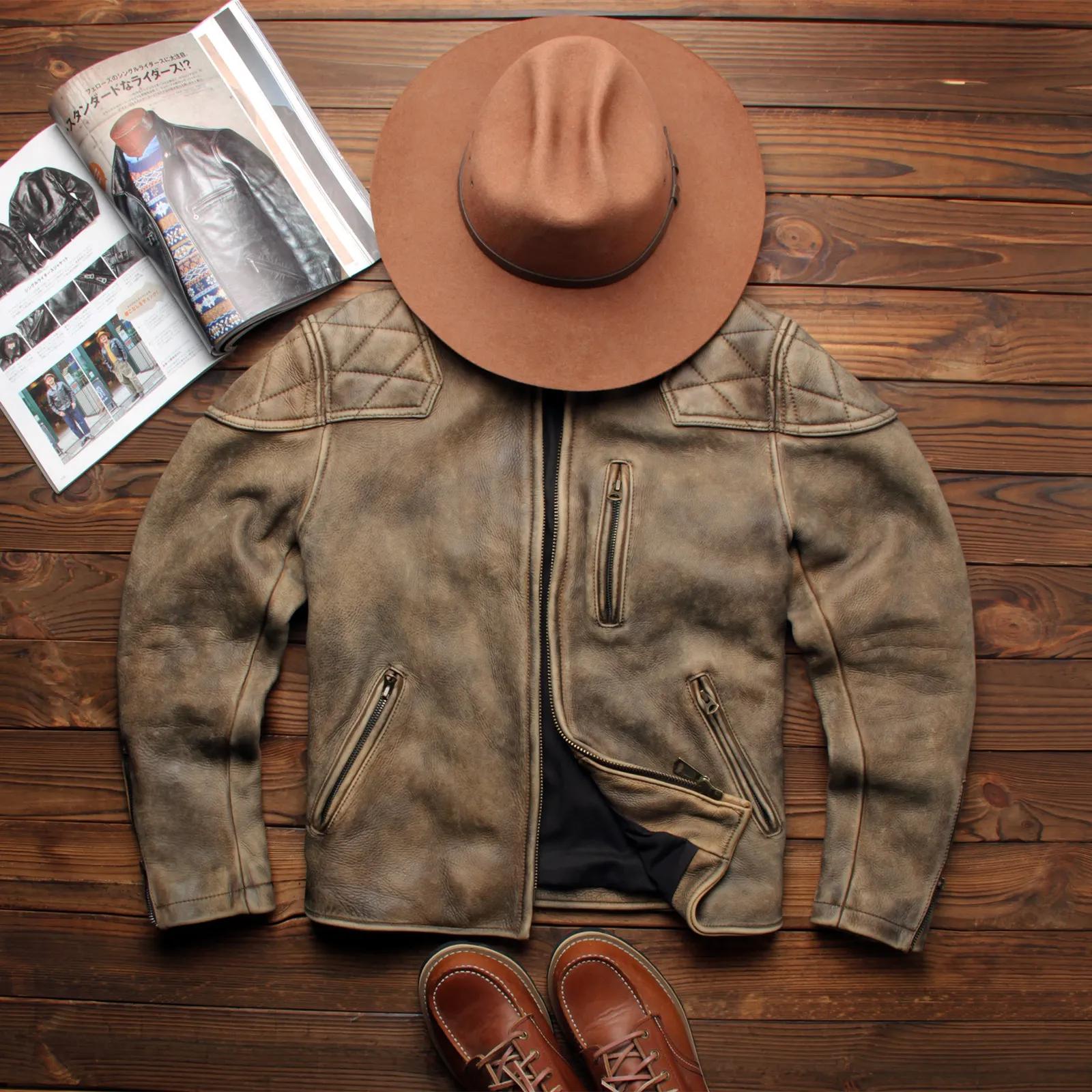Veste en cuir d'hiver kaki pour homme