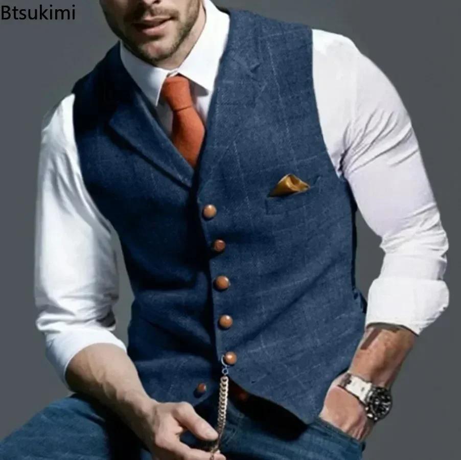 2026 hommes gilets formels revers Tweed Plaid col en v gilet mince