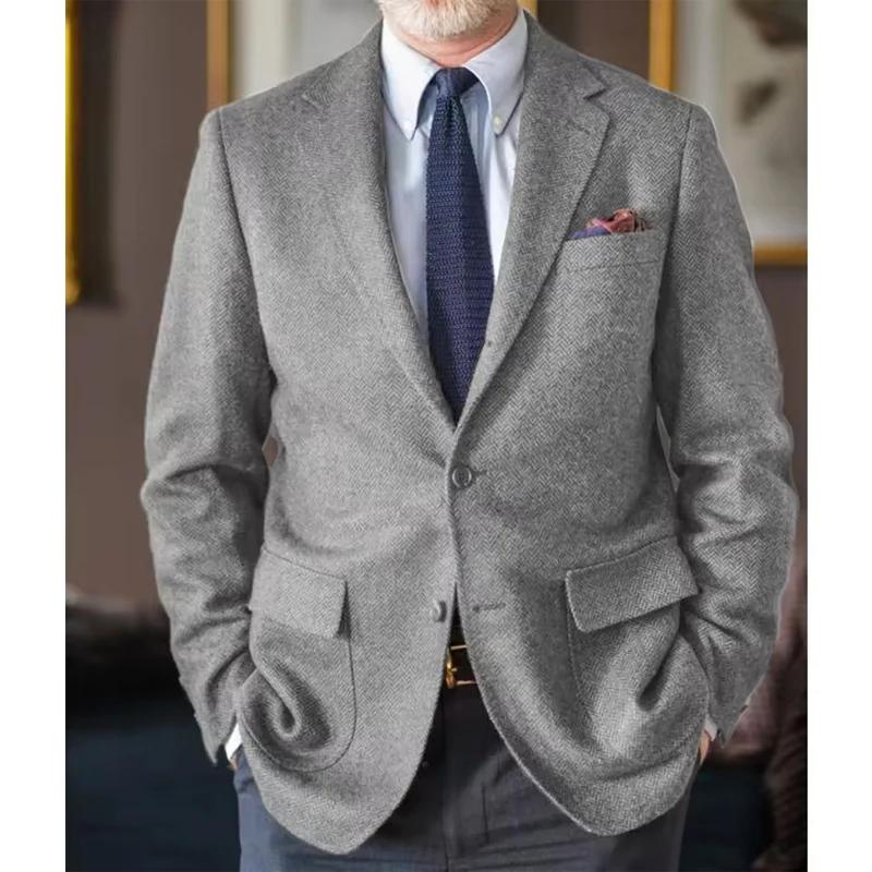 Blazer Homme en Tweed Chevrons Style Britannique à Revers Cranté et Deux Boutons – Veste Décontractée Vintage pour