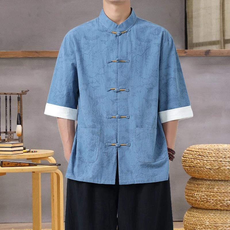 Chemise imprimée légère à col Mandarin pour hommes